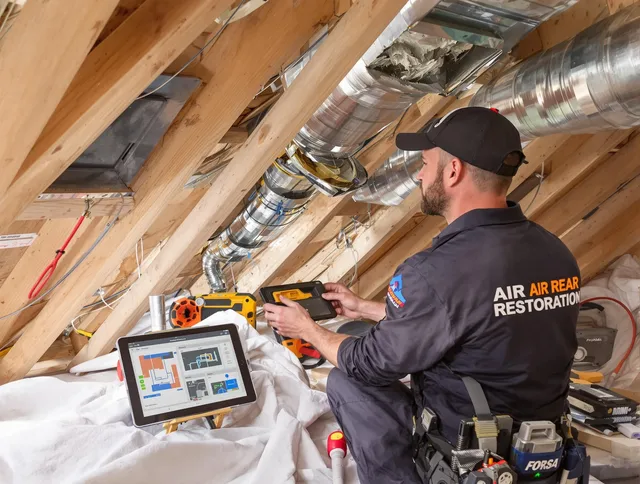 Bedford Air Duct Cleaning technician performing precise duct repair work in Bedford