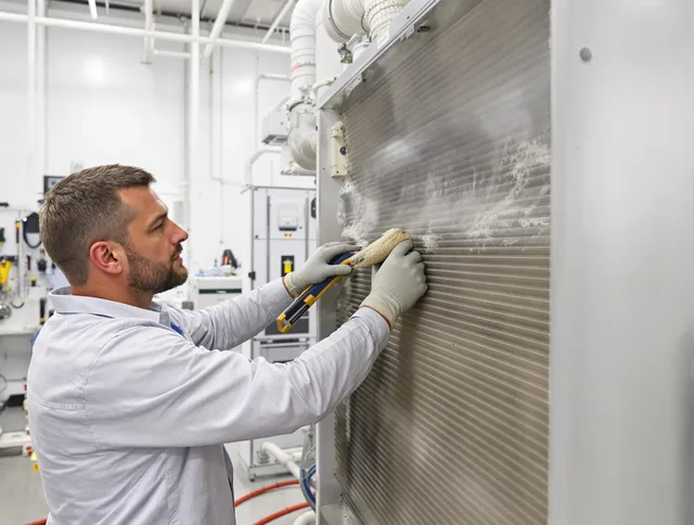 Bedford Air Duct Cleaning technician performing precision commercial coil cleaning at a Bedford business