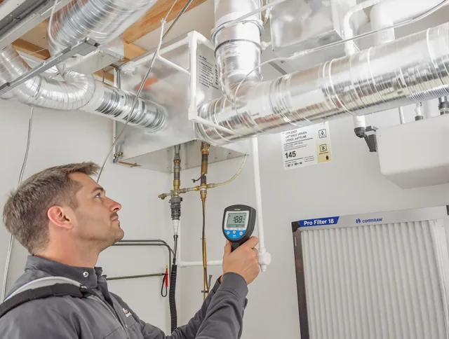 Bedford Air Duct Cleaning expert conducting detailed filter system inspection using diagnostic tools in Bedford