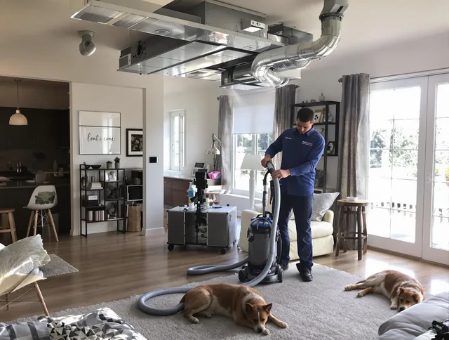 Bedford Air Duct Cleaning technician performing detailed indoor duct cleaning for improved air quality in Bedford