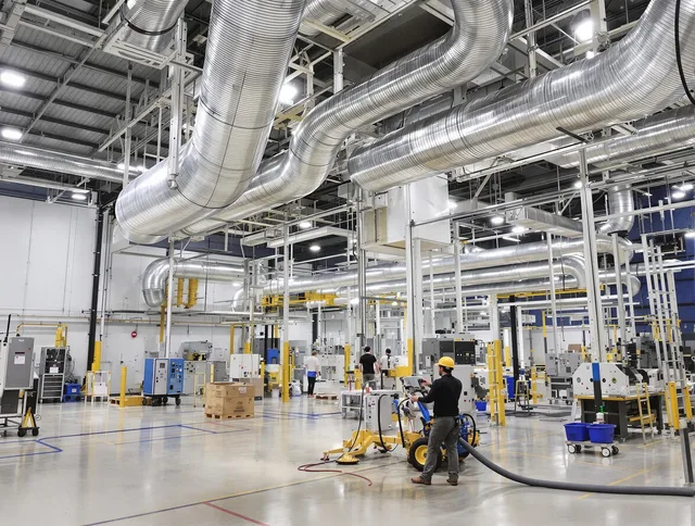 Bedford Air Duct Cleaning team performing comprehensive industrial duct cleaning at a large facility in Bedford